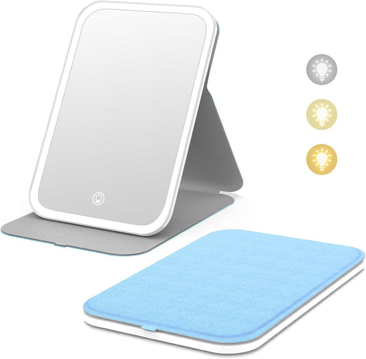 Kintion Travel Makeup Mirror, Portable LED Lighted Makeup Mirror, 360° Rotation Touch Screen Vanity Mirror, 60 LEDs, 3-Color Dimmable Lighting, Rechargeable Tabletop Folding Cosmetic Mirror, Blue