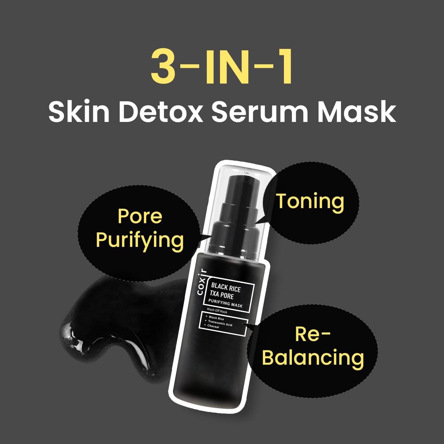 Coxir TXA Black Rice Pore Mask – Korean 3-in-1 Wash-Off Mask Serum with Tranexamic Acid | Pore Purifying, Blackhead Care, Skin Toning | Hydrating Mask Treatment [50ml/1.69 fl.oz]