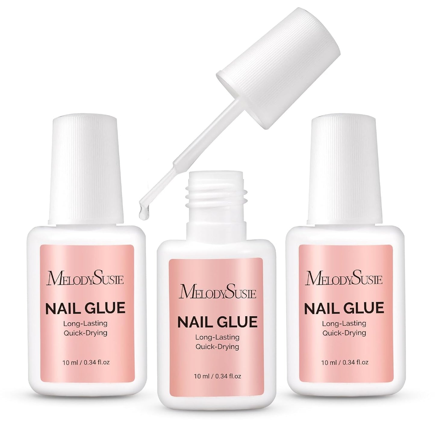 Melodysusie Brush-On Nail Glue for Acrylic Nails Press on Nails Quick-Drying Super Strong Long Lasting Adhesive for Nail Tips Fake Nails No UV Lamp Needed with Easy Application 10ml*3