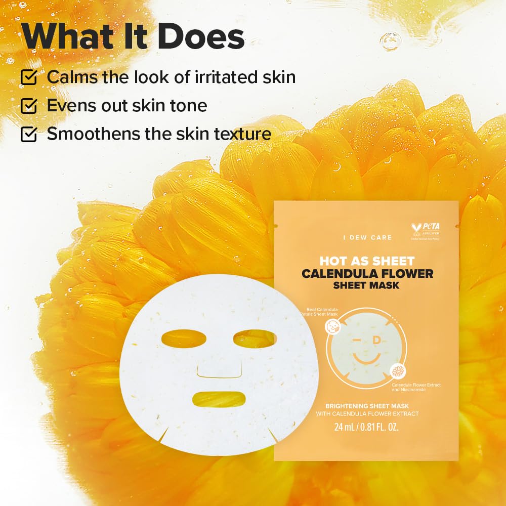 I DEW CARE Korean Glass Skin Real Herb Calendula Sheet Mask - Hot As Sheet Mask | Face Masks Skincare, Moisturizing and Calming for Dry Skin with Calendula Flower Extract, 2% Niacinamide, Kbeauty,10EA