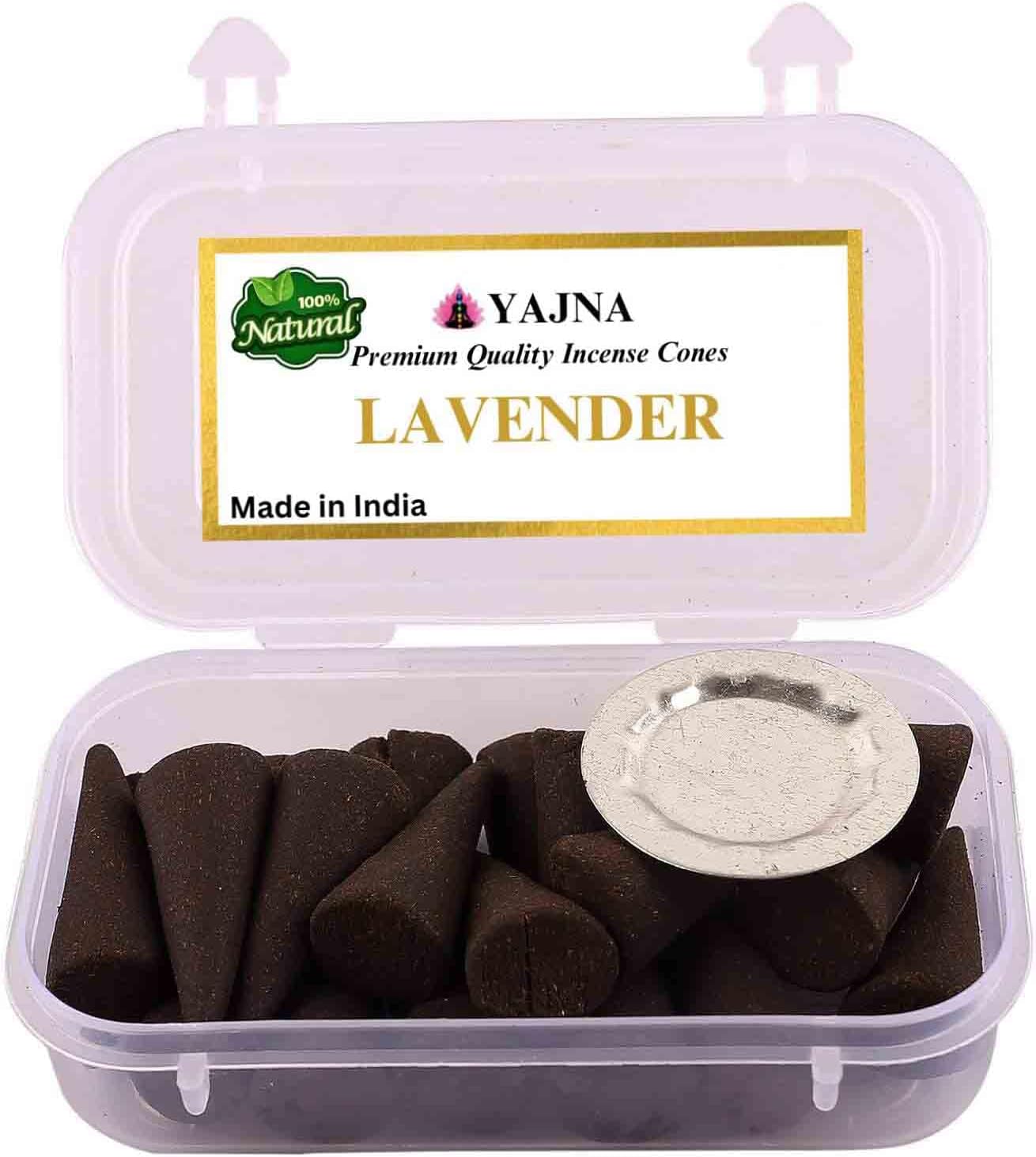 Yajna Lavender 100%-Natural-Incense-Cones Handmade-Hand-Dipped Organic-Chemicals-Free for-Purification-Relaxation-Positivity-Yoga-Meditation The-Best-scents (20 Count)