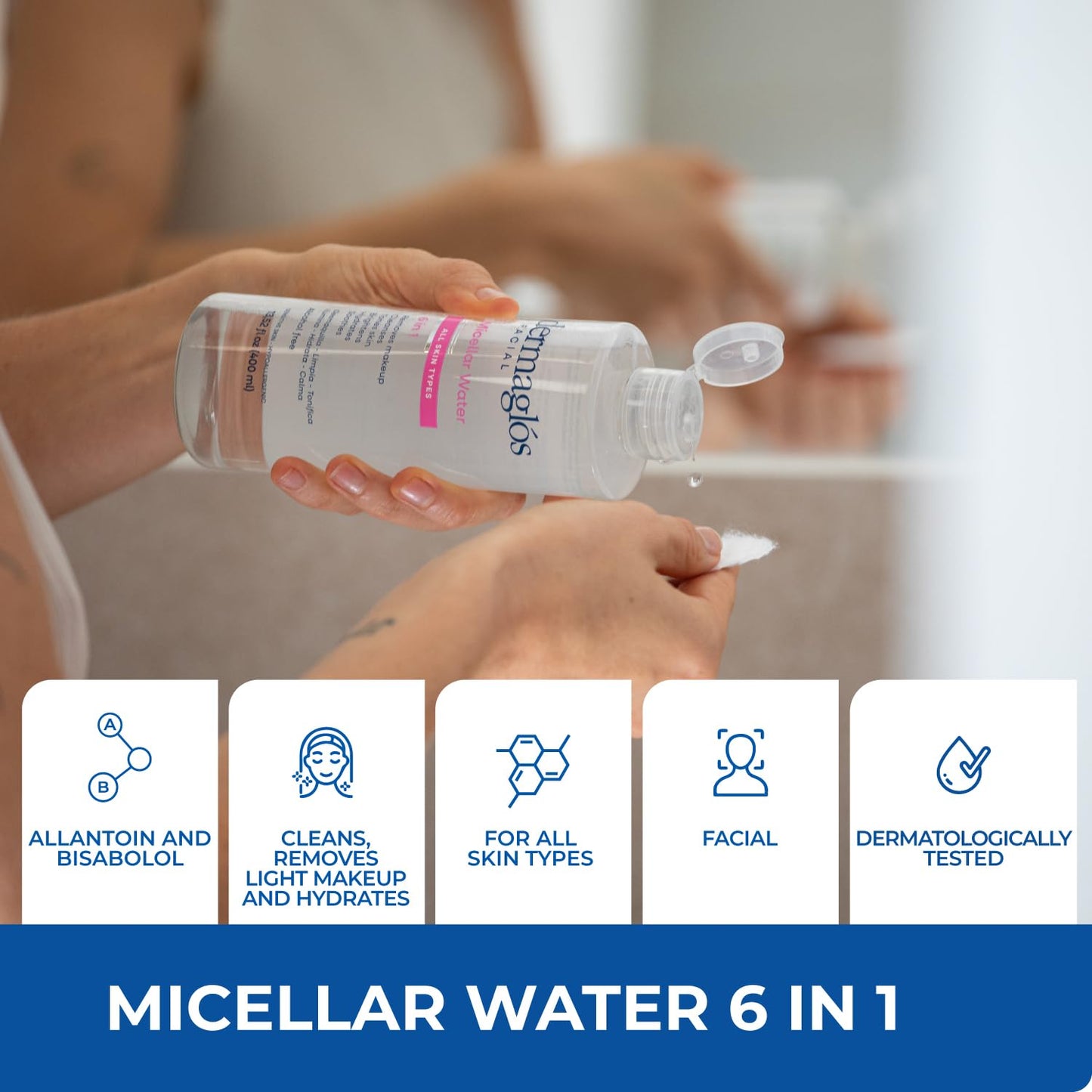 Dermaglos Micellar Water for All Skin Types Even Sensitive | All In 1 Hydrating Facial Cleanser & Makeup Remover, Brightening, Soothing, Gentle Face Toner | Alcohol-Free Formula | 13.52 Fl Oz