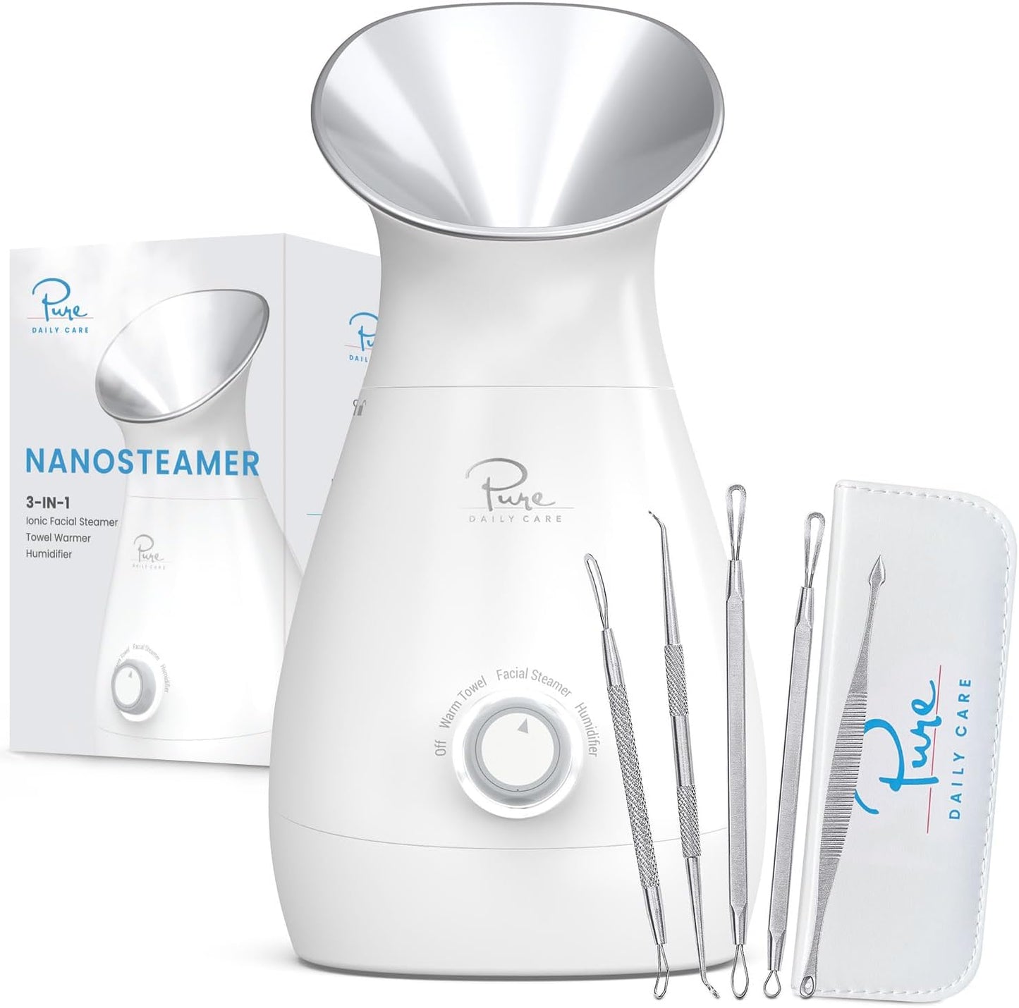 Pure Daily Care NanoSteamer Large 3-in-1 Nano Ionic Facial Steamer with Precise Temp Control - Humidifier - Unclogs Pores - Blackheads - Spa Quality - Bonus 5 Piece Stainless Steel Skin Kit (Silver)