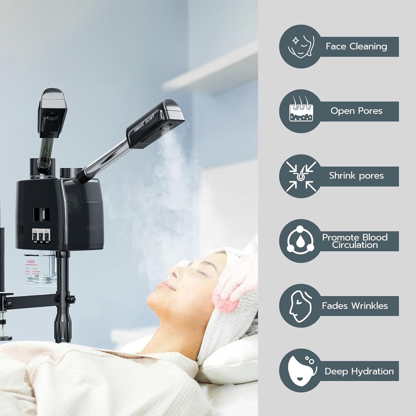 Paddie Professional 3 in 1 Facial Steamer on Wheels for Esthetician, Hot & Cold Mist, 5X LED Magnifying Lamp, Black