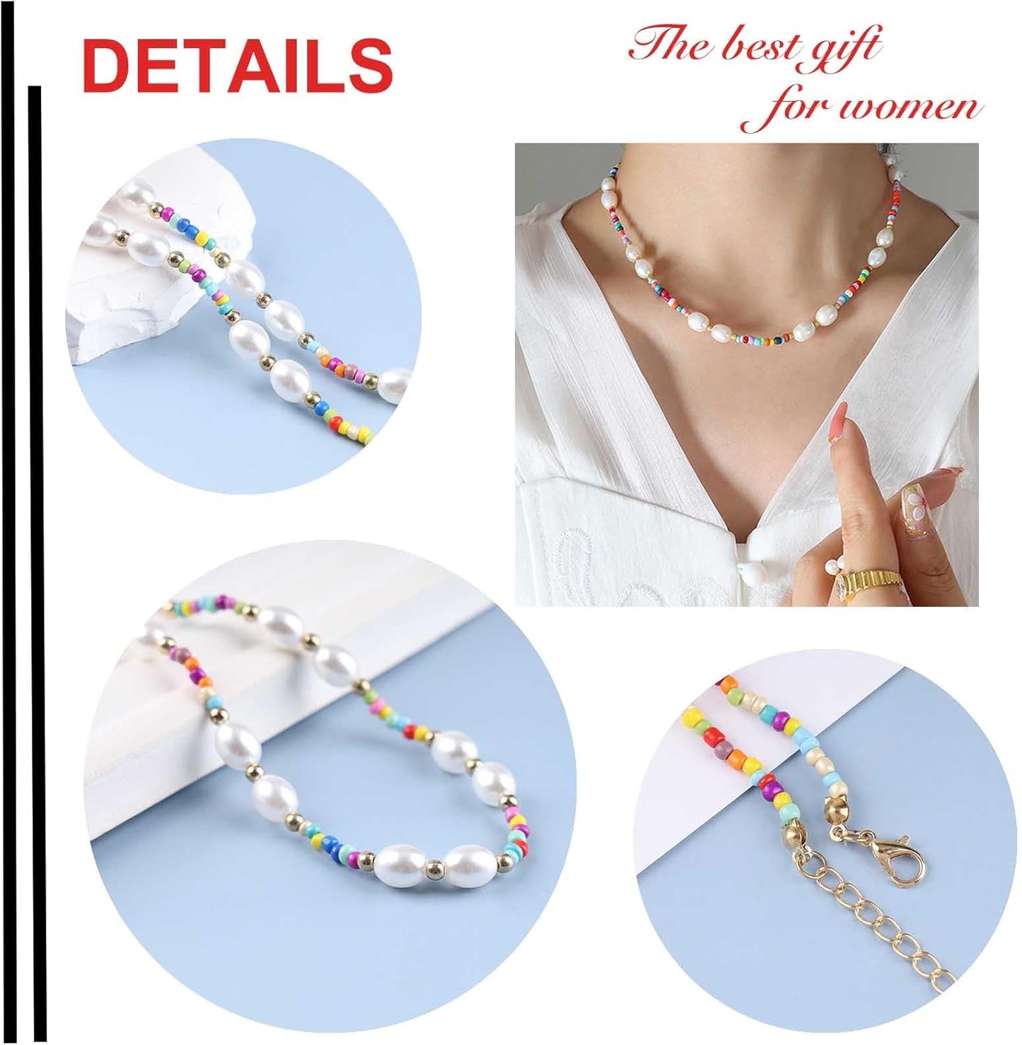 Boho Pearl Choker Necklace Vintage Blue Heishi Surfer Choker Imitation Pearl Necklace Chain Vinyl Seed Beads Necklace Summer Beach Bohemian Necklace Jewelry for Women and Girls