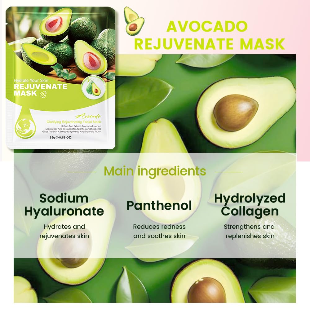 8 Pack Avocado Face Sheet Mask Skincare,Hydrating Face Mask For Sensitive Skin,Moisturize,Soothing,Nourish for All Skin Types,Natural Spa Party Facial Mask Skincare Set for Women Men Girls
