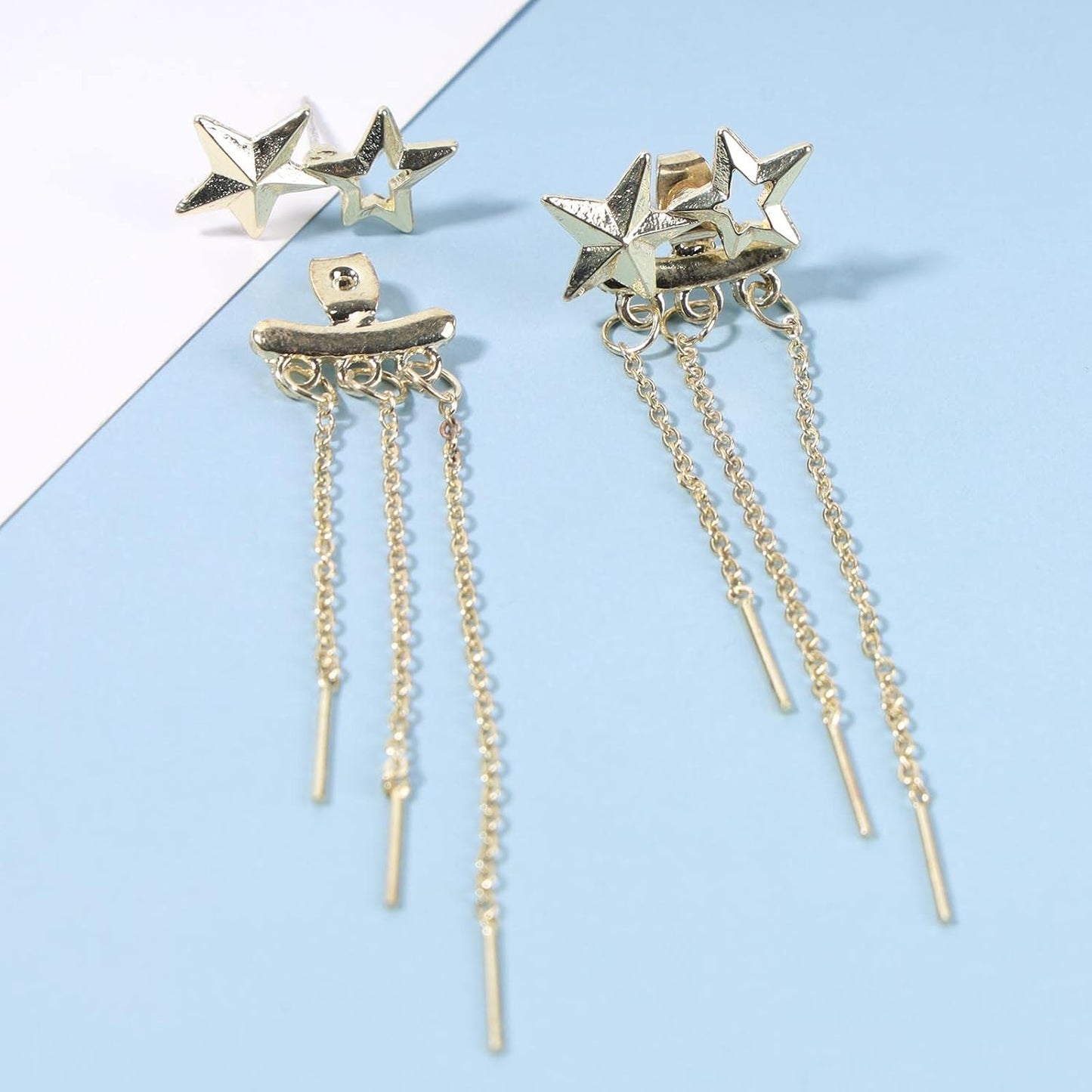 Boho Star Ear Jacket Earrings Gold Thin Bar Tassel Earrings Long Drop Chain Earrings Two Way Double Sided Earrings Jewelry for Women and Girls
