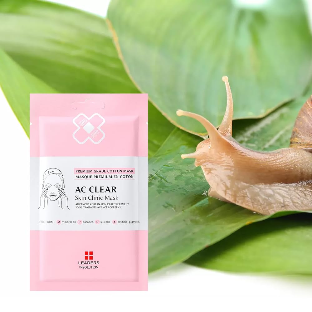 Leaders Insolution AC Clear Skin Clinic Mask | Snail Secretion & Tea Tree Oil for Acne, Redness, Oil Control | 100% Cotton Bemliese Sheet | Balances & Soothes Sensitive Skin (10 Sheets)