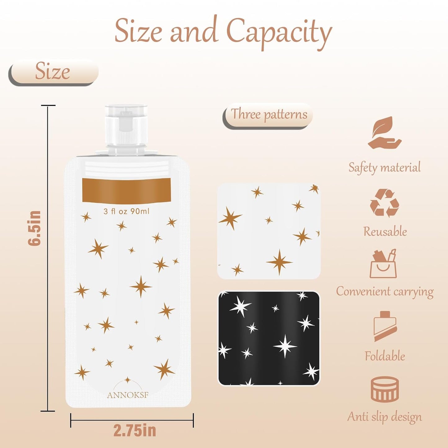 8 Pack Travel Pouches for Toiletries, Refillable squeeze Liquid travel pouches,Travel Shampoo and Conditioner Pouches,3oz leak proof travel pouches (Star)