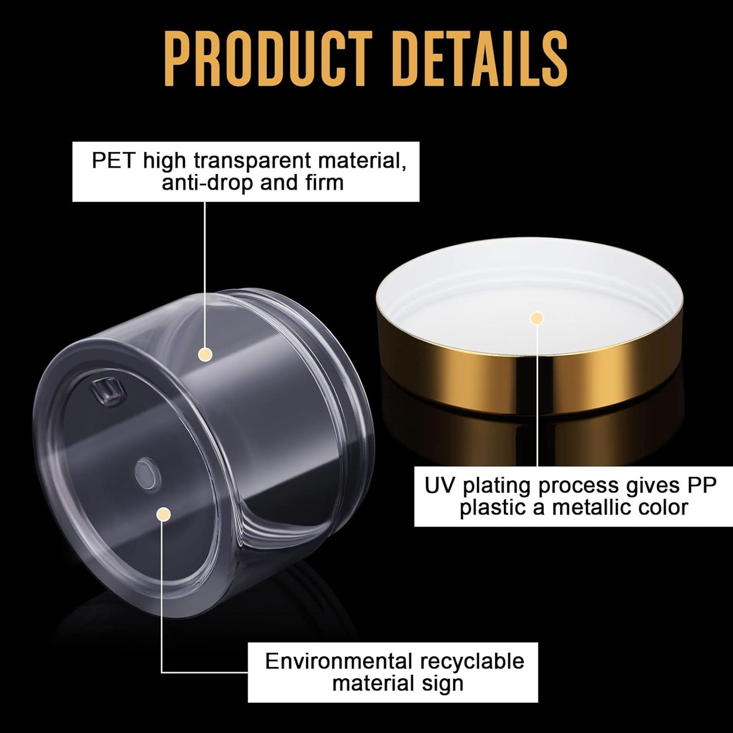 SATINIOR 100 Pcs Plastic Jars with Lids Small Containers Lids Wide Mouth Small Plastic Containers for Lotion Cream Rhinestones Body Butters Travel Storage(6 oz, Gold)