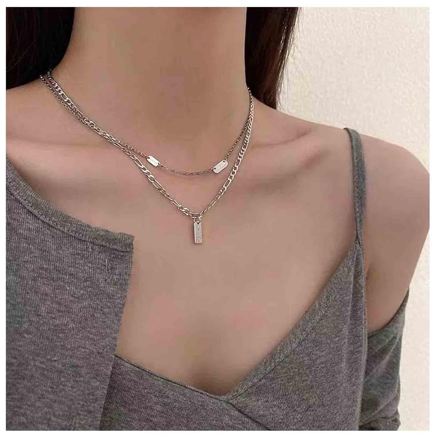 Boho Layered Silver Bar Necklace Choker Figaro Chain Necklace Vintage Layering Link Chain Necklace Geometric Necklace Jewelry for Women and Girls
