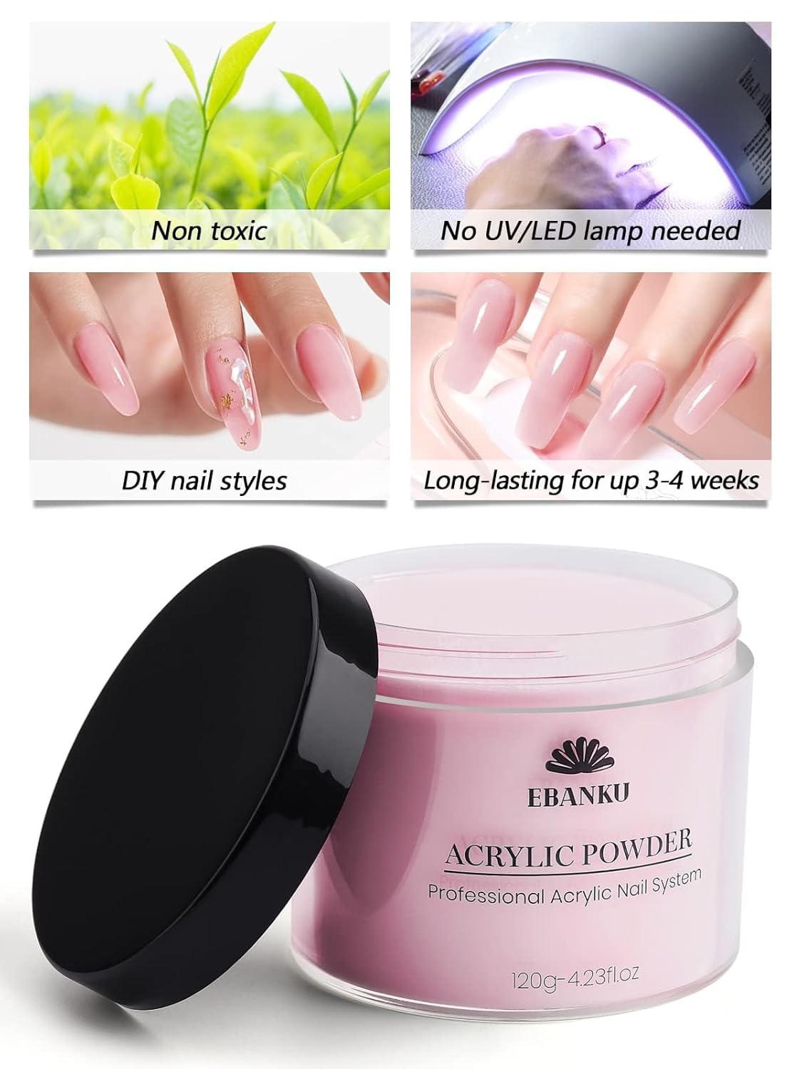 EBANKU Acrylic Powder Pink 120g/4.23oz Acrylic Nail Powder, Long Lasting 3D Fingernail Carving & Nail Extensions, Professional Acrylic Powder for Manicure, No Nail Lamp Needed
