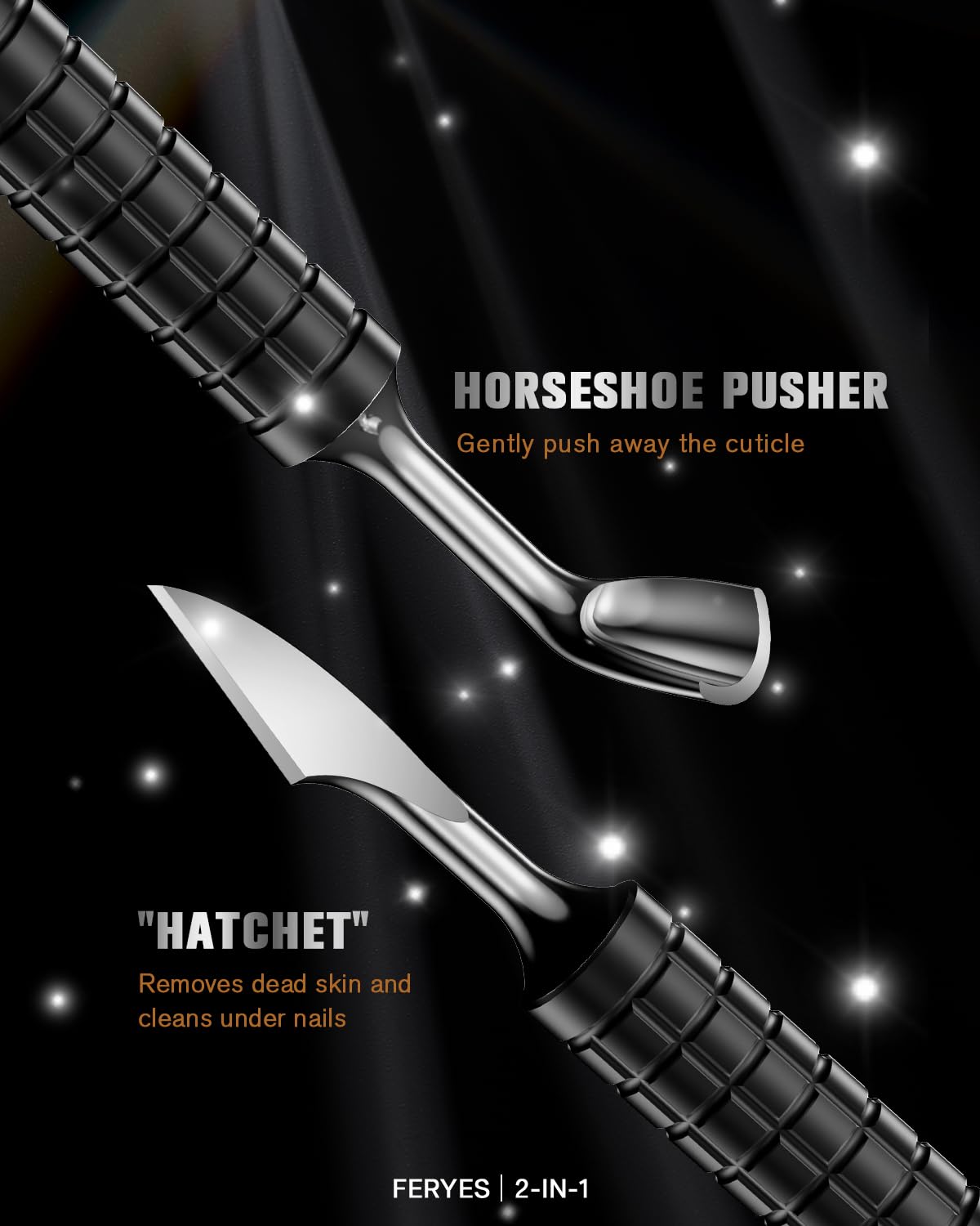 FERYES Upgraded Dual-Head Cuticle Pusher Tool - Horseshoe Shape & Chisel Edge Stainless Steel Remover Tool with Anti-Slip Wide Handle for Salon & Home Nail Care-Black