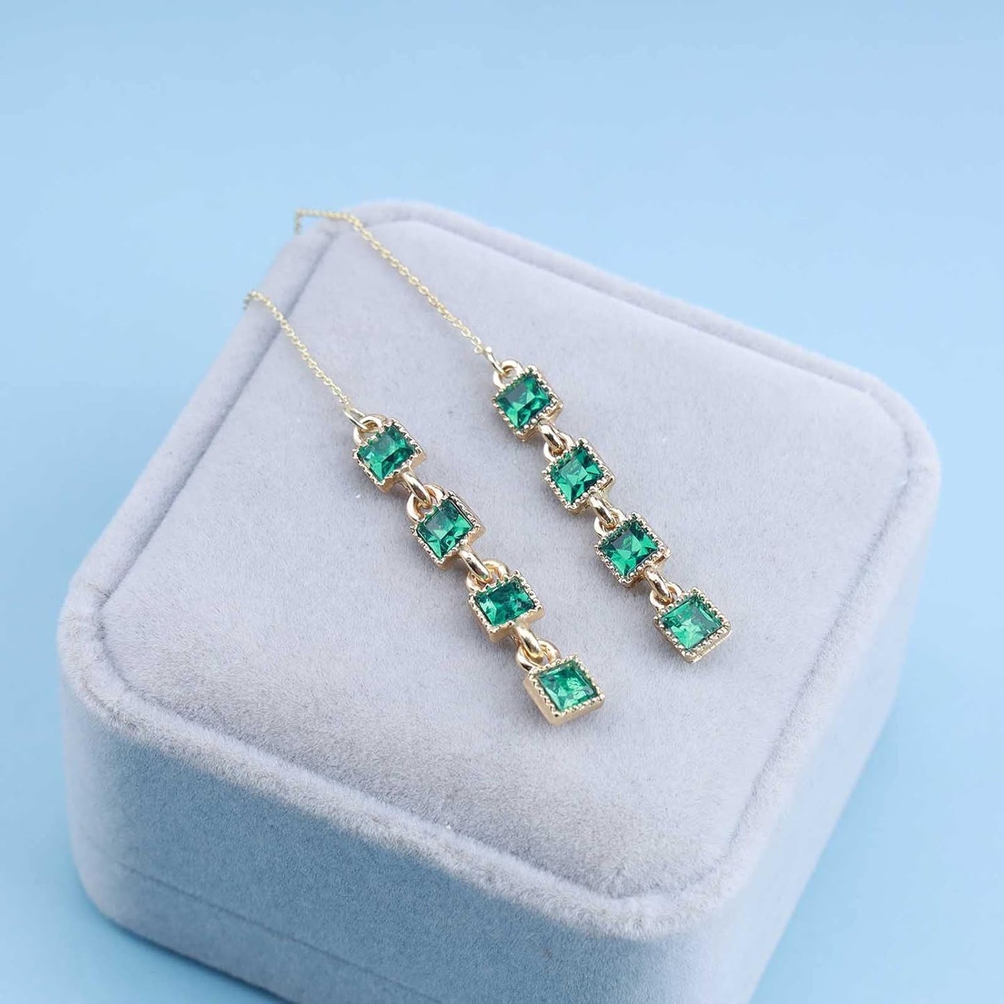 Vintage Crystal Emerald Threader Earrings Emerald Square Stud Earrings Long Chain Tassel Dangle Earrings Gold Bar Pull Through Earrings Jewelry for Women