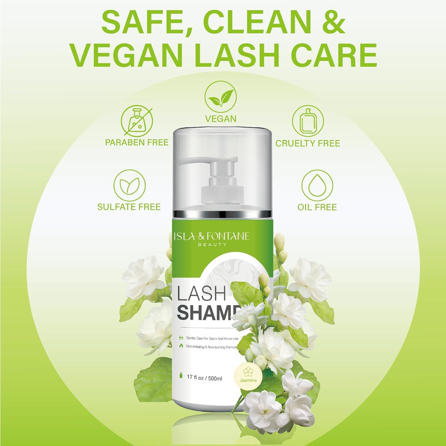 ISLA & FONTANE Lash Shampoo Bulk – Multi-Scent Series – 17 fl oz / 500ml | Gentle Eyelash Cleanser for Lash Extensions | Non-Irritating | Professional Lash Bath Foam For Salon And Home Use (Jasmine)