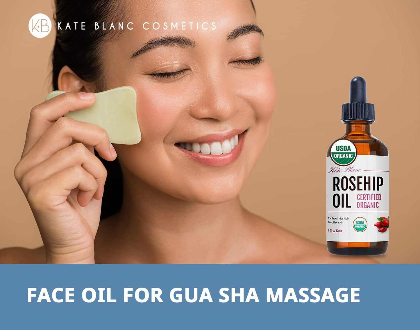 Kate Blanc Cosmetics Rosehip Oil for Face & Skin (4oz, Organic, Pure, Cold Pressed) Rosehip Seed Face Oil for Facial & Gua Sha Massage