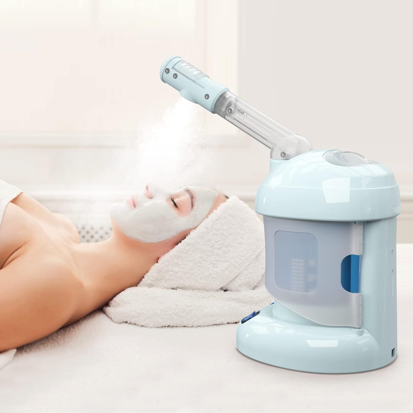 Nisperos Nano Ionic Facial Steamer - 360° Rotatable Sprayer - 40 Minutes Warm Mist - Humidifier - Professional Face Steamer for Facial Deep Cleaning (Light Blue)
