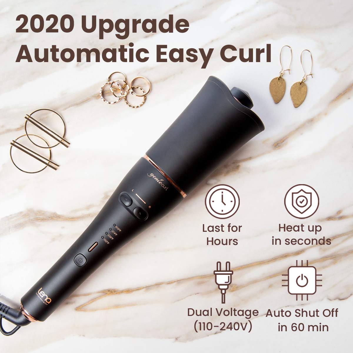 LENA Auto Hair Curling Wand, Professional Hair Curler Iron Styler, Automatic Rotating Styling Tool with Ceramic Ionic Barrel and Smart Anti-Stuck Sensor for Long and Medium-Length Hair
