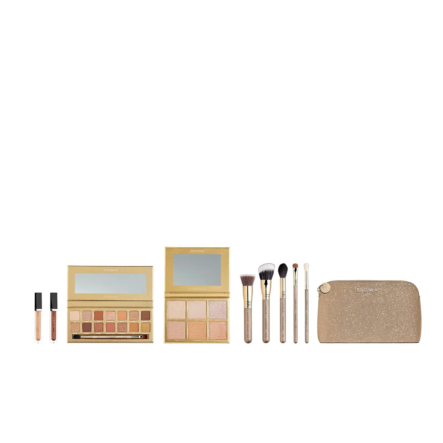 Sigma Beauty Ambiance Complete Collection - 14 Buttery Eyeshadow Powders, Highlighter Palette with 6 Metallic Highlighters, 2 Hydrating Lip Gloss, & 5 Makeup Brushes - Full Makeup Set