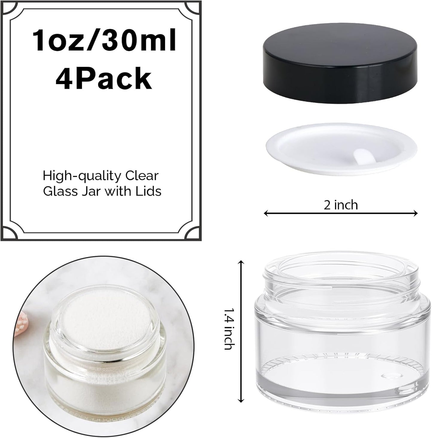 1oz Jars with Lids, HOA Kinh 4 Pack Clear Glass Jars Empty Cosmetic Containers Round Airtight Glass Jar with Inner Liners and black Lids for Storing Lotions, Powders, and Ointments