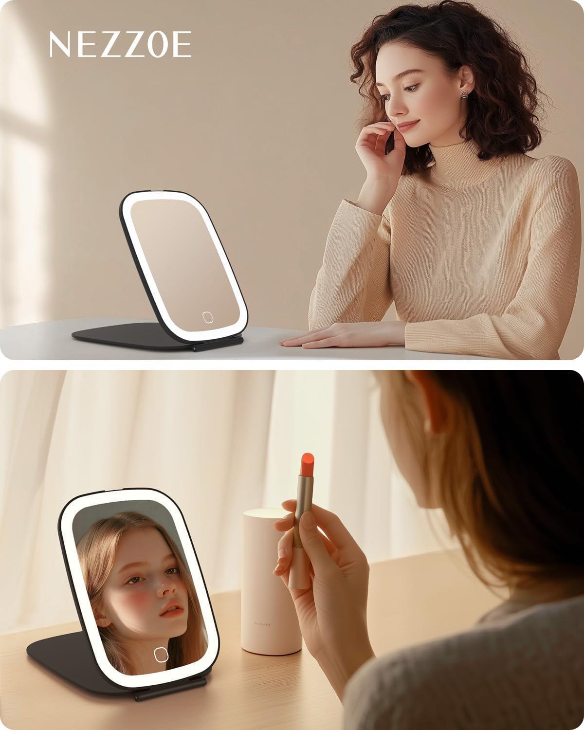 Rechargeable Travel Mirror with Light, Portable Mirror, 3 Color Light, 7.5 inch Ultra Thin and Lightweight LED Folding Makeup Mirror (Black)