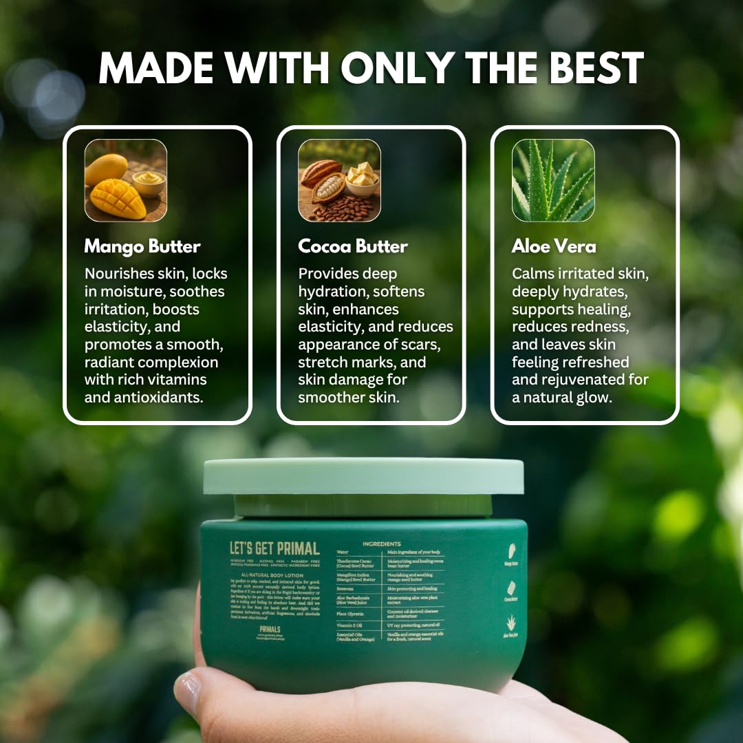 PRIMALS All Natural Body Lotion - Cocoa Butter & Mango Butter - 100% Naturally Derived Ingredients - Alcohol Free, Artificial Fragrance Free, Paraben Free, Petroleum Derivative Free - 8.45 oz