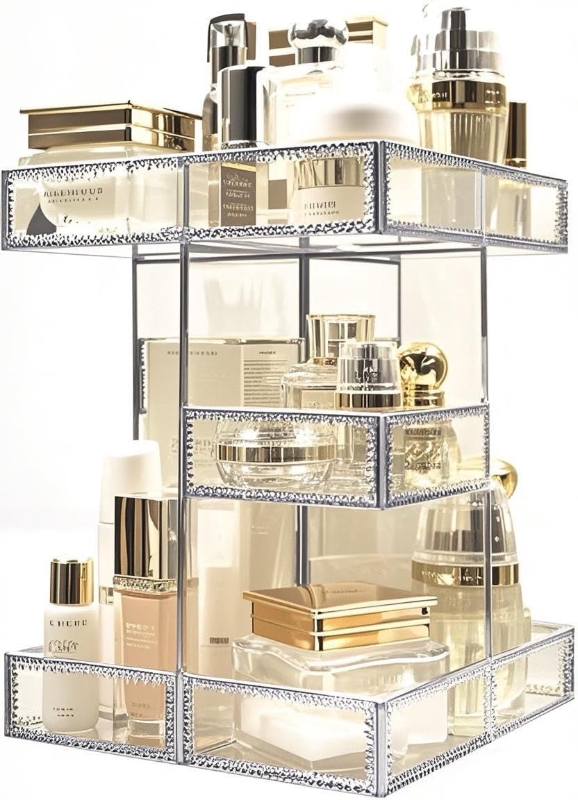 Hersoo 360 Degree Rotation Cosmetic Organizer -Premium Makeup Storage with Spin Base,Antique Countertop Cosmetic Storage,Large Capacity,Beauty Display for Countertop,Vanity or Bathroom (silver)