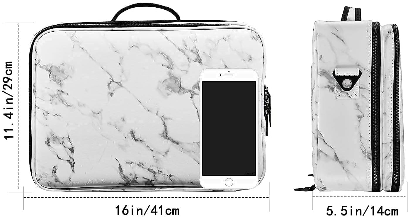 JOURMON Travel Makeup Case Portable Makeup Train Case Organizer Cosmetic Bag with Adjustable Dividers and Shoulder Strap for Makeup Brushes Toiletry Travel Accessories(Marble White Black, L)