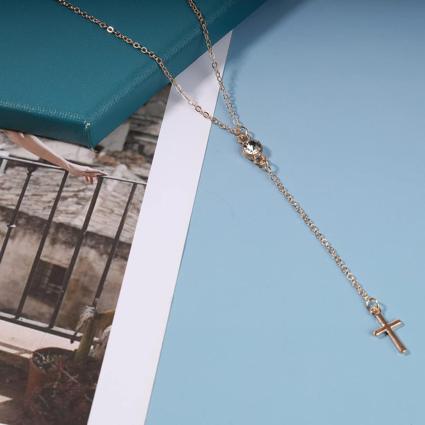 Boho Cross Y Necklace Gold Chain Lariat Rhinestone Drop Cross Pendant Wedding Necklace Charm Fashion Jewelry Gift for Women and Girls