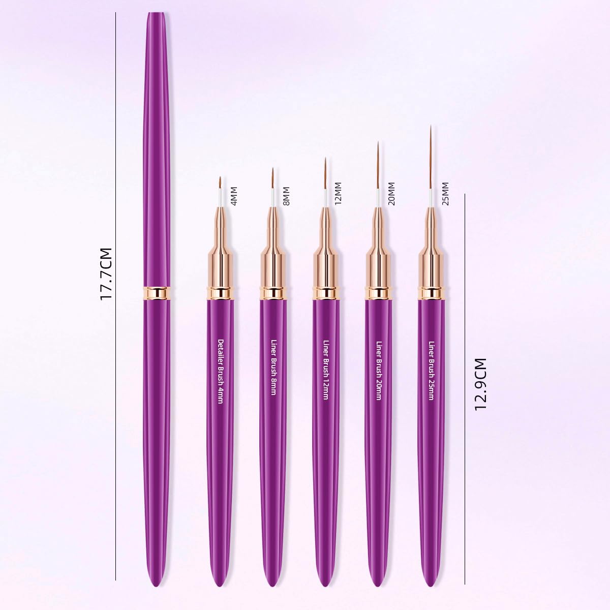 Metallic Nail Art Brushes, 5Pcs Nail Art Liner Brushes, Painting Art Design Brush Set Nail Dotting Drawing Tool for Long Lines, Thin Details, Fine Drawing Sizes 6/9/12/15/18mm, Purple