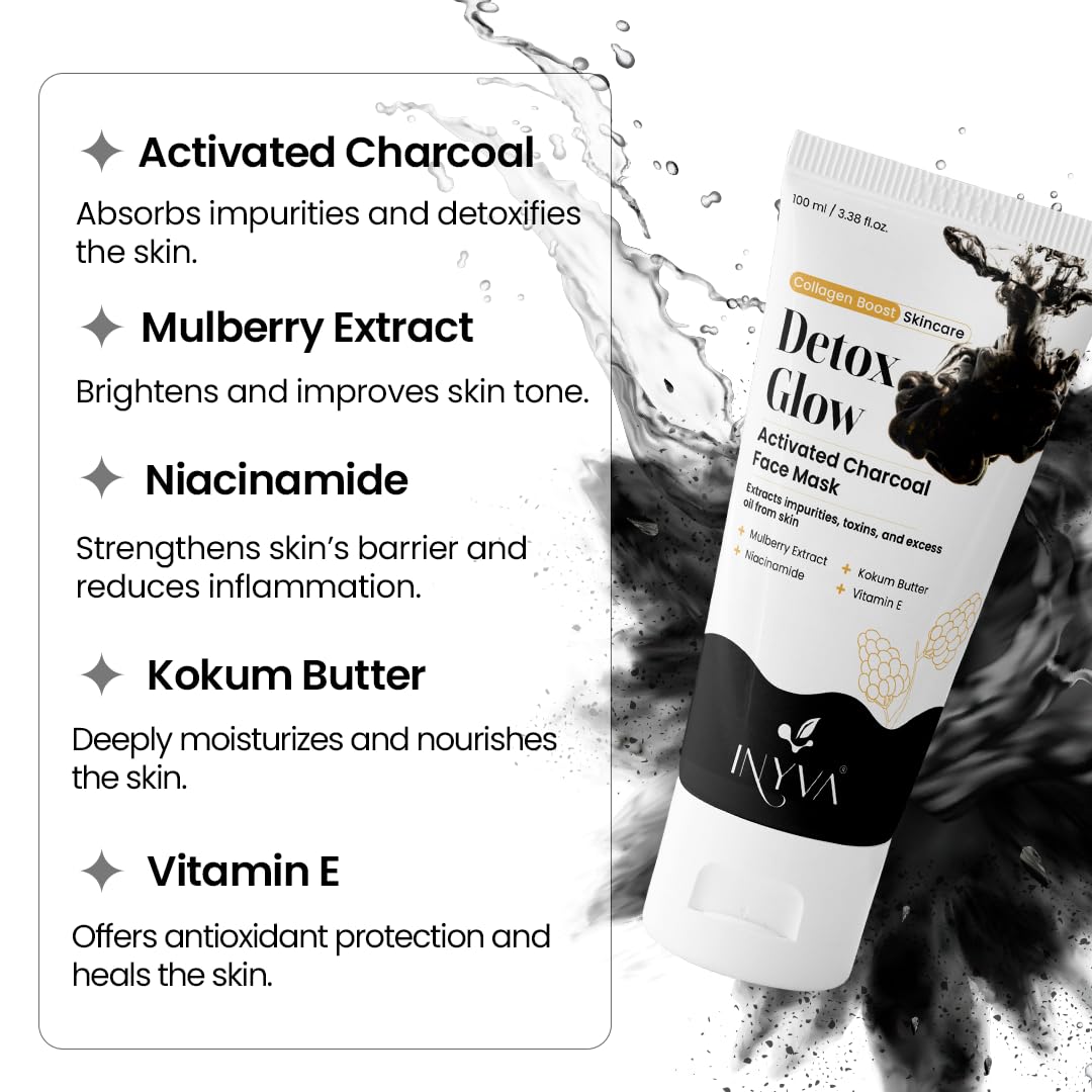 DetoxGlow Charcoal Clay Face Mask – With Kaolin, Activated Charcoal, Glycolic Acid & Niacinamide | Deep Pore Cleansing, Oil Control & Purifying Clay Mask for Men & Women - 3.38 Oz