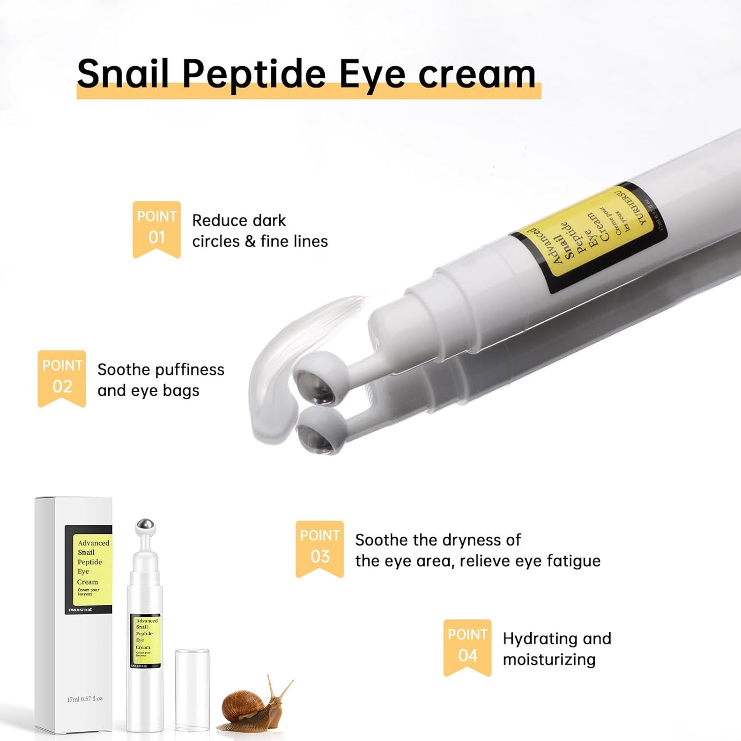 Snail Peptide Eye Cream For Moisturizing, 2 Pcs Snail Mucin Eye Cream With Niacinamide, Hyaluronic Acid, 34 ML Snail Eye Cream For Dark Circles, Puffiness and Fine Lines.