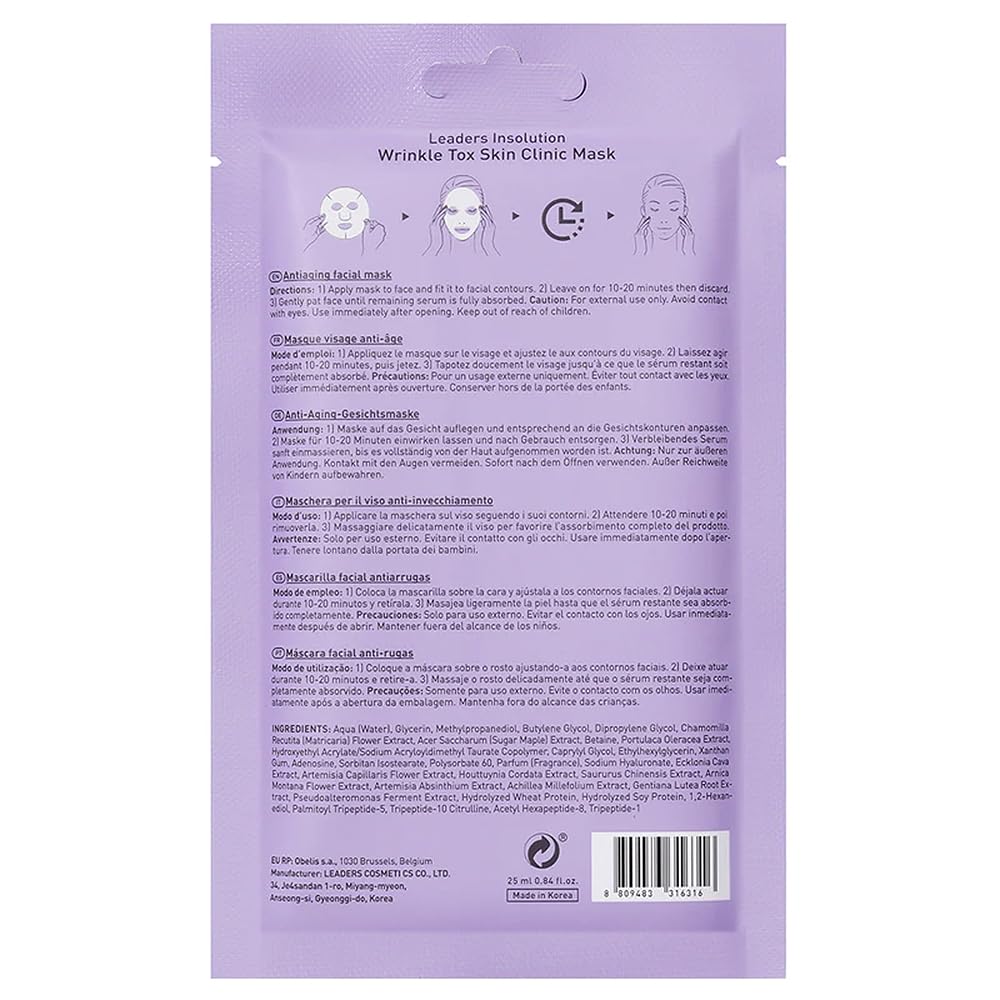 Leaders Insolution Wrinkle Tox Skin Clinic Mask | Adenosine-Infused Anti-Aging Facial Sheet for Fine Lines, Wrinkles, and Firmness | Premium Grade Cotton, Collagen Boosting (10 Sheets)