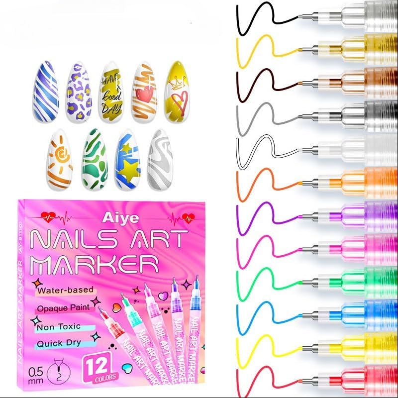 Nail Art Pens Set, 0.5mm 12 Colors Nail Polish Pens,Acrylic Paint Pens, Nail Art Markers, Painting Drawing Liner Pen, Nail Design for Nails DIY French Manicure