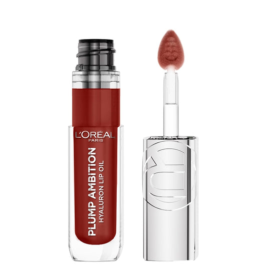 L'Oreal Paris Plump Ambition Hyaluron Lip Oil, 24 HR Lip Gloss with Hyaluronic Acid, Volumizing Formula with Glass-Like Shine, Wine O'clock 485, 0.16 Fl Oz