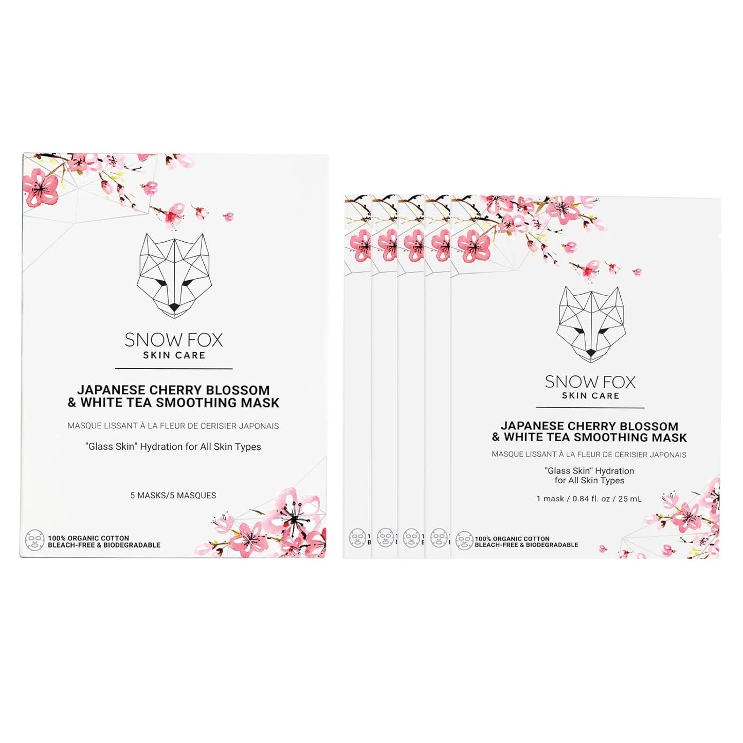 Snow Fox Skincare Japanese Cherry Blossom & White Tea Soothing Mask, 5 Mask