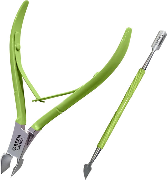 Professional Cuticle Trimmer with Cuticle Pusher Nail Cuticle Remover Nipper Silver Stainless Steel Sharp Blades Manicure Tools with Double Spring Nail Care Pedicure Nail Tools Home Spa (Green)