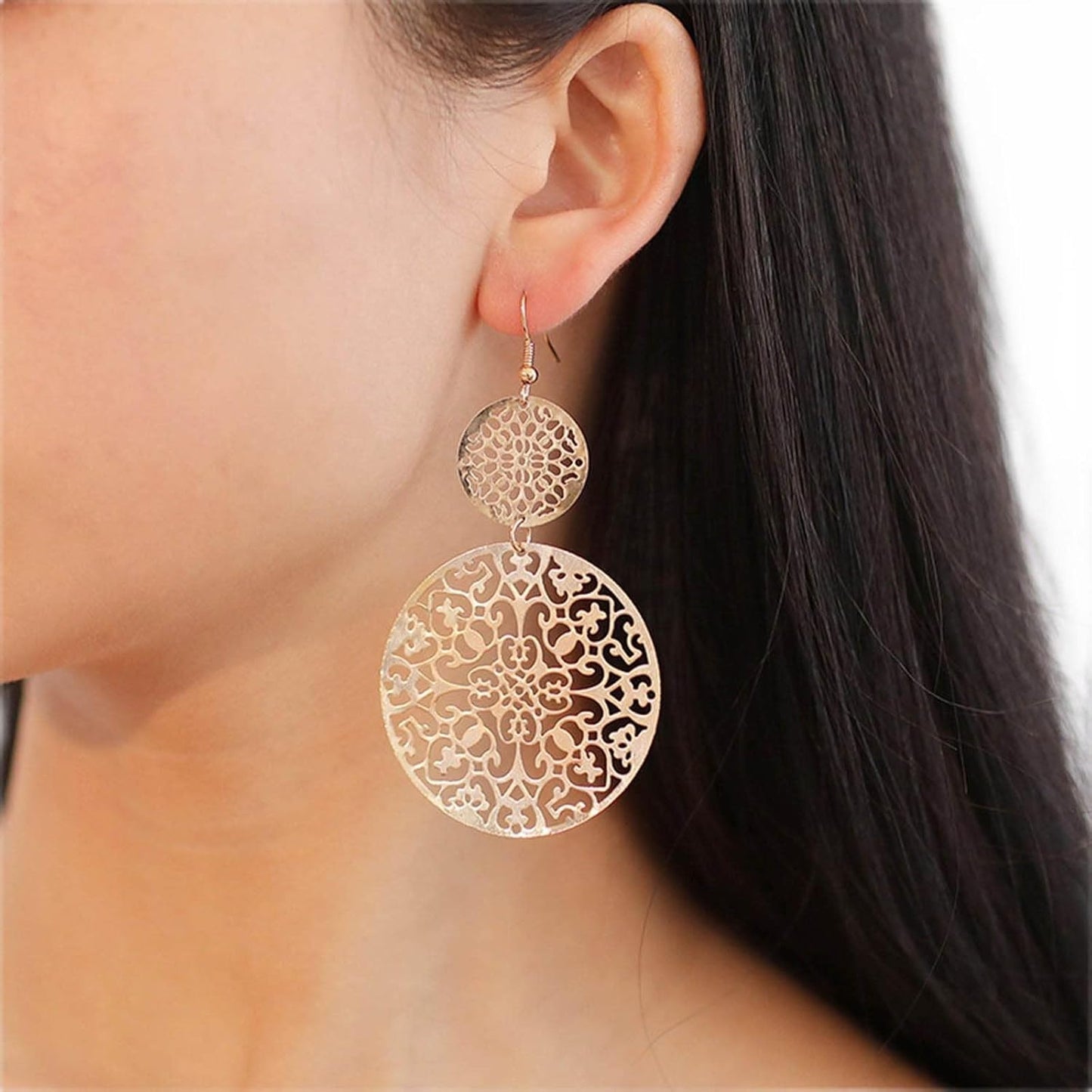 Filigree Hollow Disc Dangle Drop Earrings Boho Gold Ethnic Carved Flower Earrings Double Round Disc Drop Earrings Statement Hook Earrings Wedding Bridesmaid Jewelry for Women and Girls