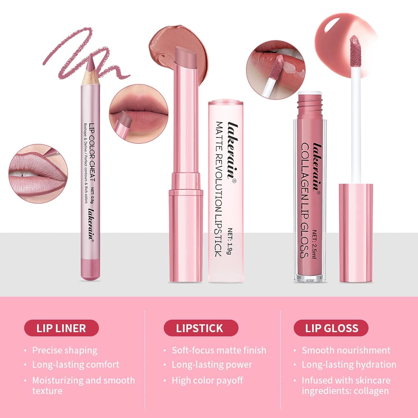 3PCS Lip Liner and Lipstick Combo Set - Matte Lip Liner Pencil, Velvet Matte Lipstick & Hydrating Collagen Lip Gloss - Long-Lasting, Smudge-Proof, High Pigment Nude Pink Lip Makeup Kit (Set 1, 3)