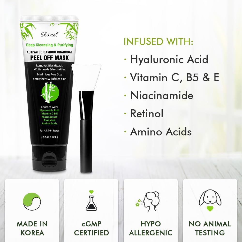 Ebanel Charcoal Peel Off Face Mask Applicator Set, Deep Pore Cleansing Minimizer Blackhead Remover with Niacinamide, Hyaluronic Acid, Vitamin C, Green Tea, Deep Cleanse Black Masks Peel Off Gel Mask