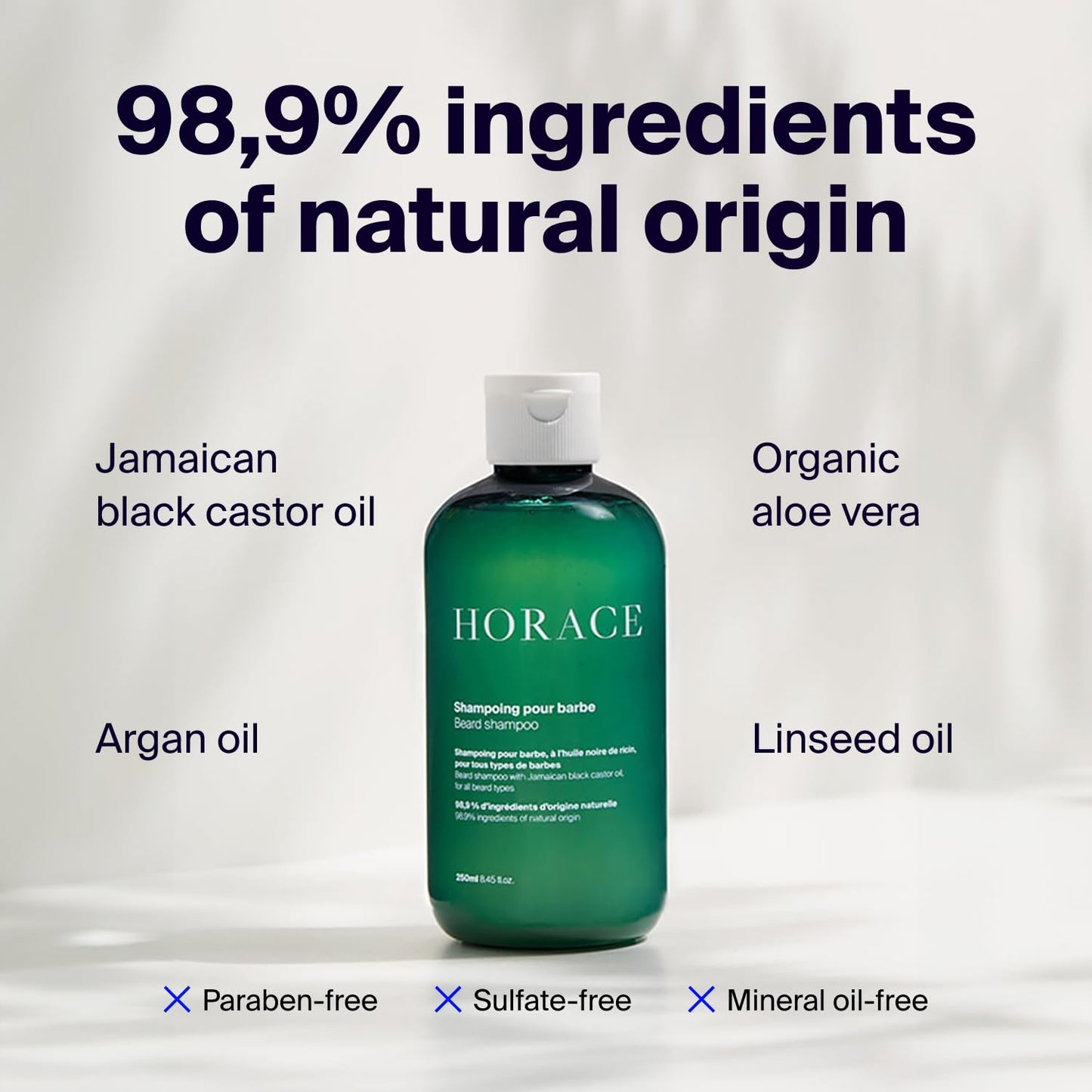 HORACE Beard Shampoo for Men - Sulphate-free Wash with Castor Oil - Gentle Beard Care for All Skin Types - Woody, Aromatic Scent, 250 ml