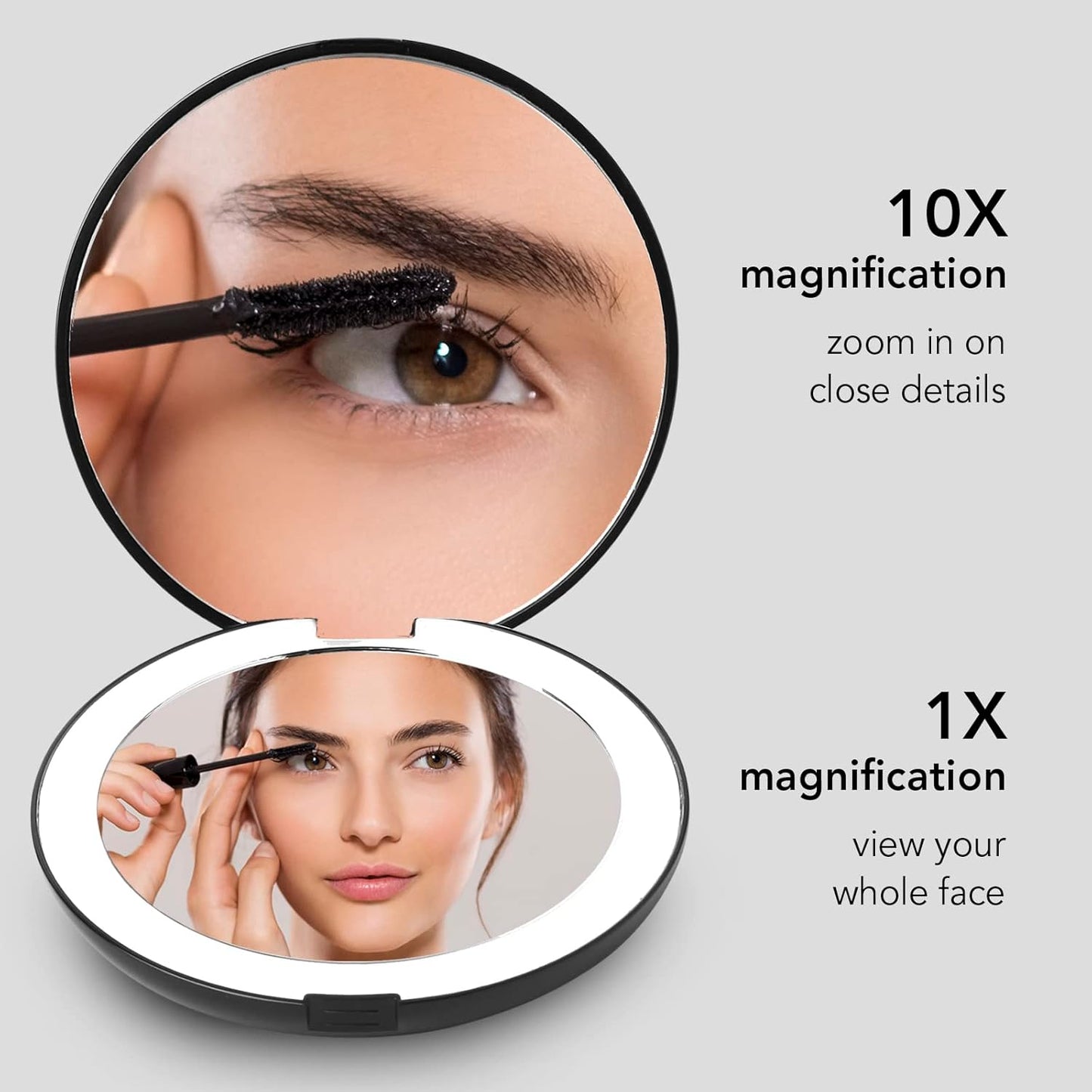 Fancii Taylor LED Lighted Travel Makeup Mirror, Rechargeable with 10x/1x Magnifying & 3 Light Settings - Compact, Portable, Large 5” Wide Hand Mirror for Handbag and Purses (Black)