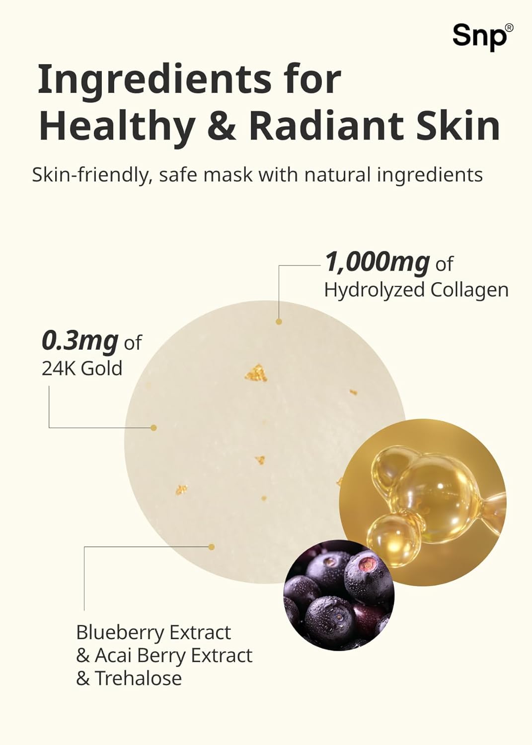 SNP 1000mg Collagen + 24K Gold Ampoule Sheet Mask | Collagen Face Masks Skincare | Tightening, Hydrating, and Nourishing | Korean Skin Care | Overnight Face Masks | Moisturizing Face Mask | 10 Sheets