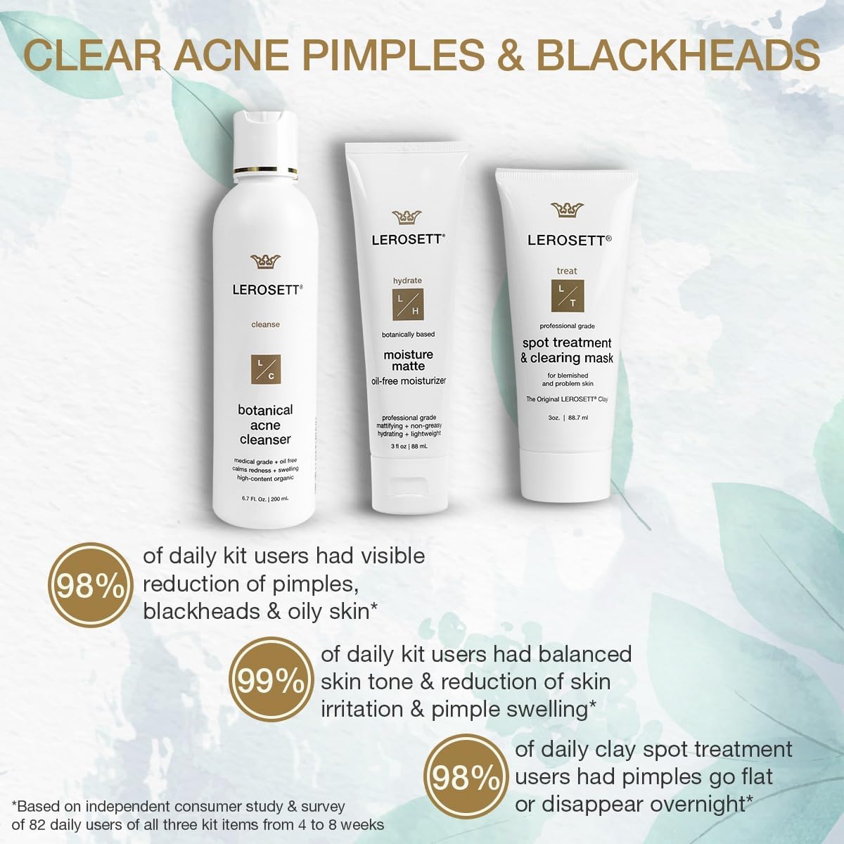 LEROSETT Acne Kit Includes Cleanser Moisturizer & Spot Treatment Mask Organic Calming Aloe & Clay Based, Clears Acne, Pimples, Blackheads & Breakouts, Vegan Acne Kit, For All Skin Types