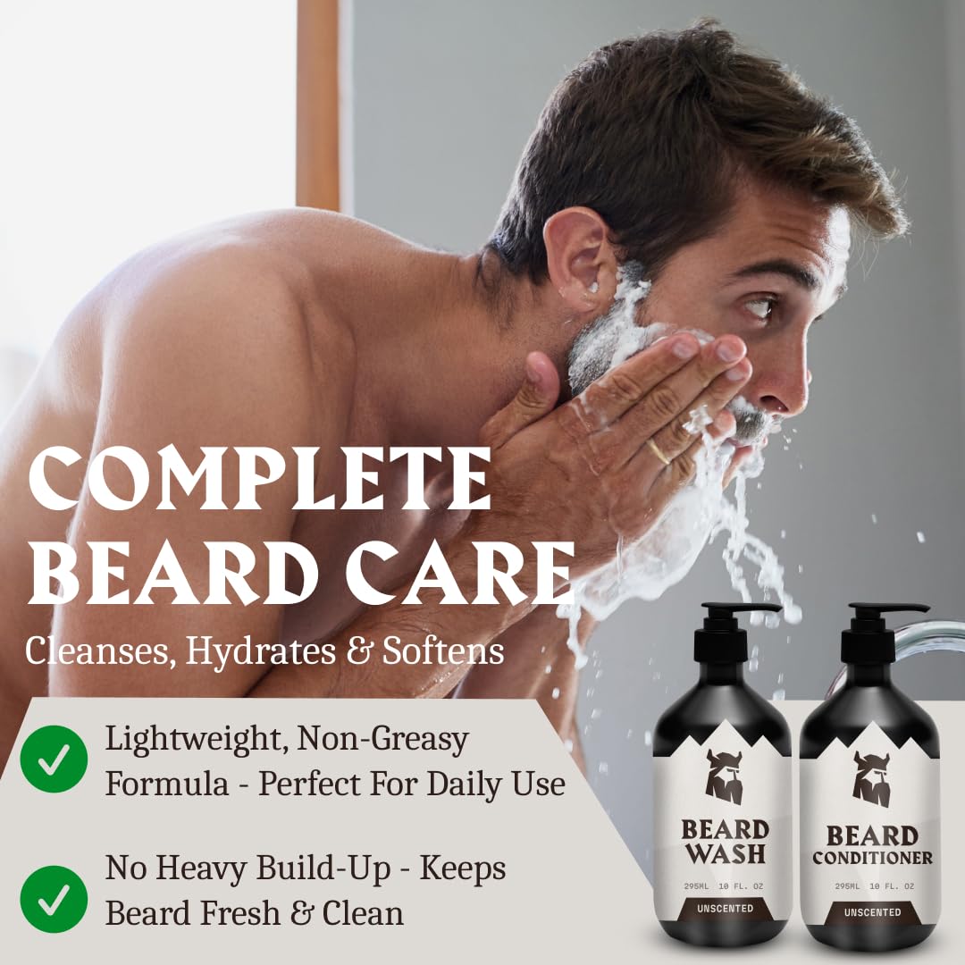 Striking Viking Unscented Beard Wash & Conditioner - 10 Fl Oz, Pack of 2 - Deep Cleansing Oil Formula - Fragrance-Free Beard Wash - Soothing Jojoba Oil Softener