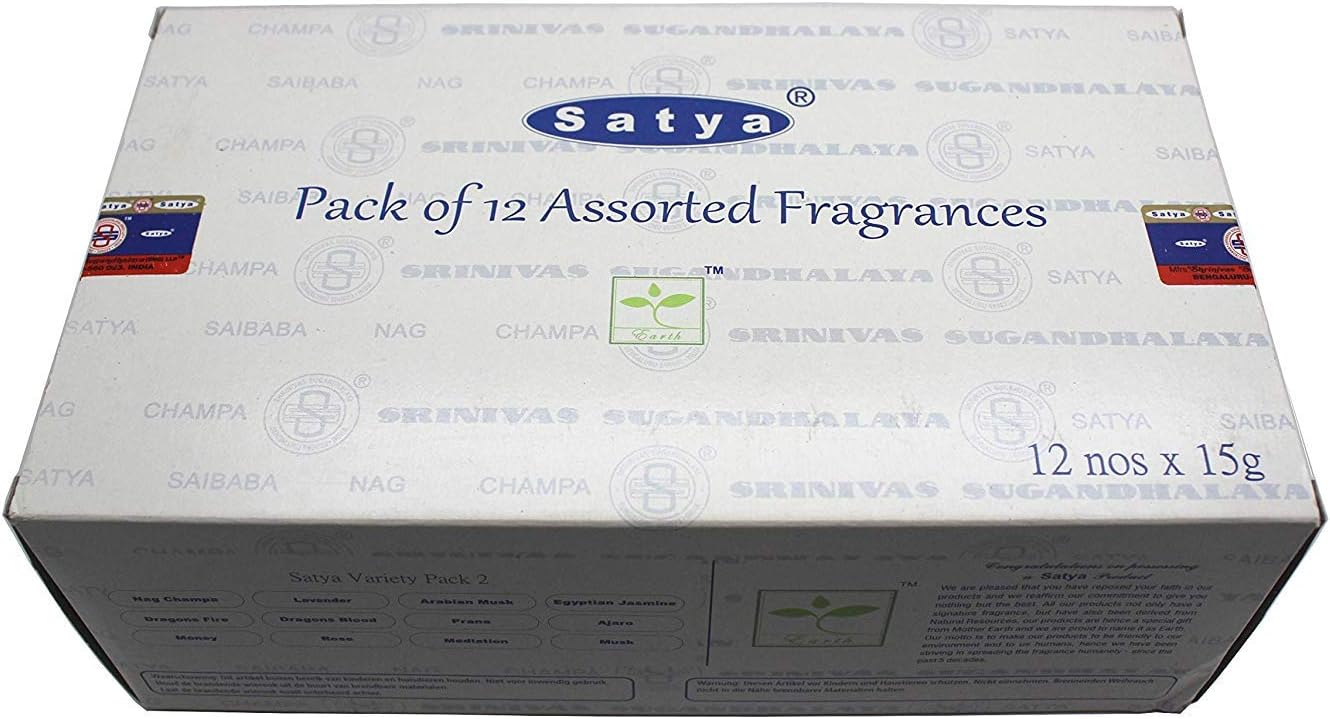 Set of 12 Nag Champa, Lavender, Arabian Musk, Egytian Jasmine, Musk, Dragon&#39;s Fire, Dragon&#39;s Blood, Prana, Ajaro, Money, Rose, Meditation by Satya Incense Bangalore (BNG)