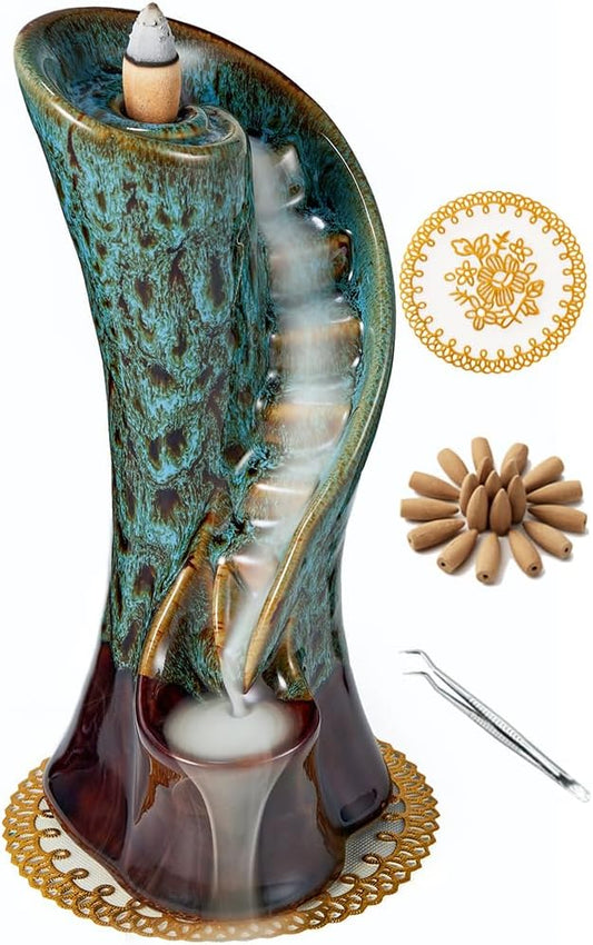 Unique Cloud Stairs Ceramic Waterfall Incense Holder, Paired with a Pack of Backflow Incense Cones. (Fambe Blue)