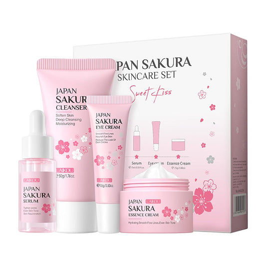 Skin Care Set JAPAN SAKURA Beauty Gift Sets Skin Care Kit with Cleanser, Serum, Eye Cream, Face Cream Travel Kit for Women Mom Wife Teen Girls Gentle Skin Cleaning TSA-friendly Sizes 4pcs