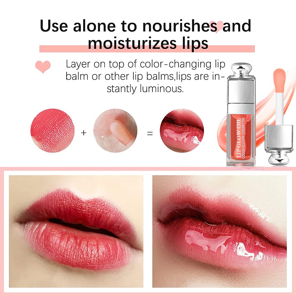 2PCS Hydrating Lip Glow Oil, Lip Oil Gloss Transparent Toot Tinted Nourishing Long Lasting Repairing Lightening Lip Lines (CHERRY) 0.2 OZ