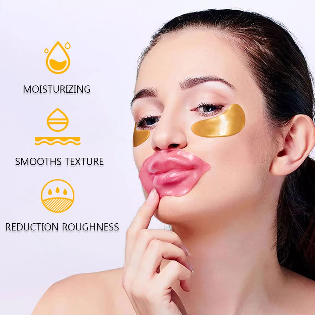 30PCS Lip Masks & 24k Gold Eye Mask, Collagen Eye Mask for Puffy Eyes and Dark Circles Treatments Under Eye Bags,Effectively Nourishes the Lip & Eye Skin,Anti-Aging Eye Patches and Lip Mask